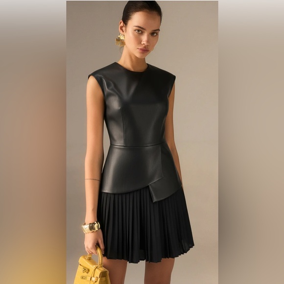 Commense Dresses & Skirts - NWT- Mini Pleated Panel Sleeveless PU Leather Dress